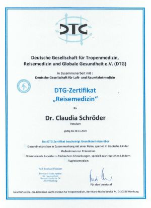 DTG-Zertifikat Dr. Claudia Schröder, Reisemedizin
